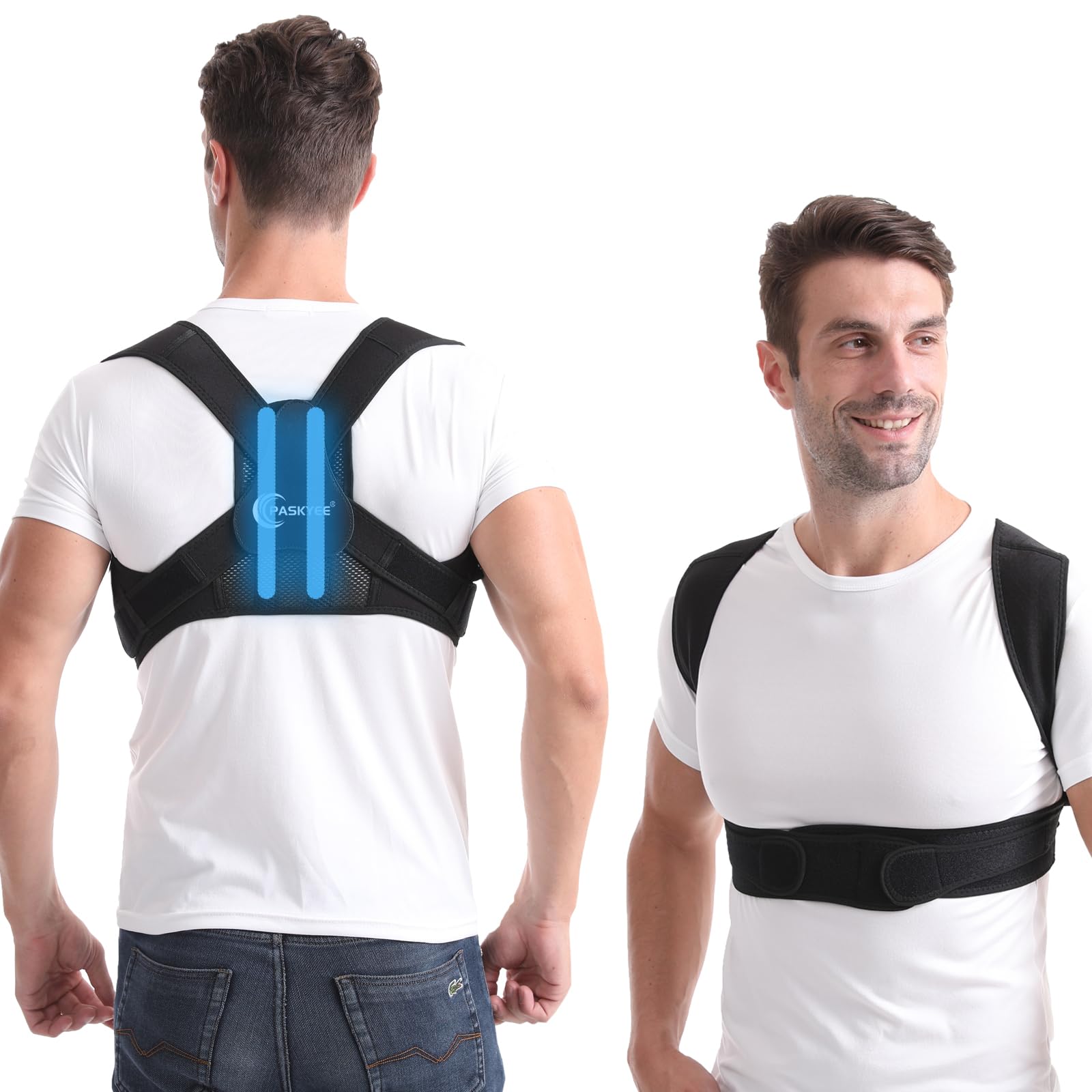 Paskyee Posture Corrector for Women and Men，Adjustable Back Brace for Scoliosis Hunchback Correction Back Pain Spine Corrector Invisible Under Clothes Black S/M